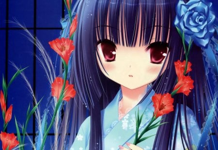 Bluetiful - pretty, anime, elegant, divine, female, blue, blossom, long hair, sublime, gorgeous, blue hair, ribbon, nice, anime girl, beautiful, girl, beauty, kimono, flower, petals, yukata, red eyes, cute, floral