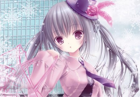 Cutie - anime, twint tails, female, snowflakes, snow, dress, bag, long hair, purple hair, hat, anime girl, necktie, twintails, hot, girl, red eyes, rose, cute, sexy