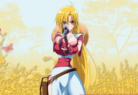 Tendo Rushuna - yellow eyes, gun, tendo rushuna, rushuna tendo, female, girl, yellow background, long hair, anime girl, grenadier, anime