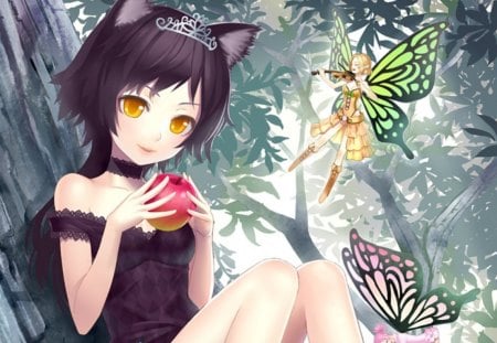 Neko n Fairy - pretty, female, wing, sublime, nice, yellow eyes, gown, neko, royalty, hot, wings, butterfly, cute, sexy, anime, tiara, elegant, divine, crown, dress, blonde, nekomimi, forest, long hair, gorgeous, fruit, pink hair, anime girl, girl, blonde hair, brown hair, sweet, neko mimi, fairy, apple