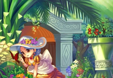 Butterfly - pretty, anime, divine, female, wing, dress, plant, long hair, sublime, blue hair, garden, nice, hat, yellow eyes, gown, anime girl, beautiful, girl, beauty, lovely, sweet, tree, wings, butterfly, cute