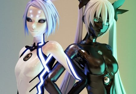 Phosphorescent Rin  and Carbon Black Miku - pretty anime, phosphorescent rin, girl, carbon black miku