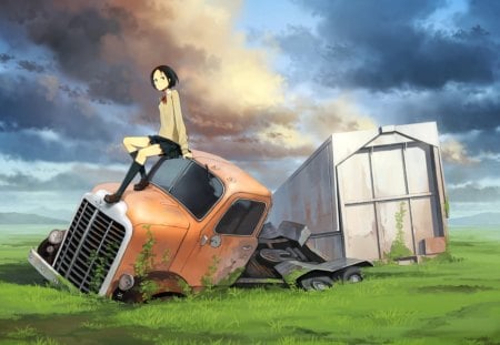 Abandoned - Field, Cute, Truck, Wild, Orange, Anime, Abstract, Girl, School, Abandoned, Uniform