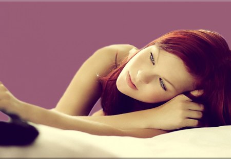 Beautiful Redhead With Purple Background