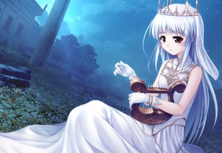 Princess n Harp - pretty, anime, tiara, elegant, divine, female, crown, dress, long hair, sublime, harp, gorgeous, blue hair, princess, nice, brown eyes, gown, anime girl, royalty, queen, beautiful, hot, girl, beauty, lovely, sweet, cute, sexy, gloves