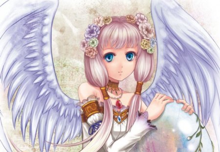 Angel - beauty, female, hot, angel, wings, anime girl, elegant, gorgeous, petals, anime, feather, cute, sexy, girl, blue eyes, long hair, pink hair, gown, lovely, divine, floral, twin tails, sublime, wing, beautiful, blossom, dress, flower