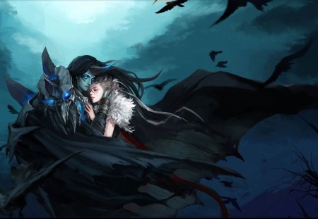 â˜…Love of Angel Crowâ˜… - girls, woman, accessories, lover, legend, knight, crows, fighters, fantasy, pretty, man, angels, fairies, embrace, sword, cute, love, male, hero, warrior, lovely, flying, charm, romantic, beautiful, weapon, splendor, sweet, story, love of angel crow, hugs