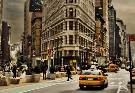 flatiron building on broadway in manhattan hdr - city, buildings, cabs, streets