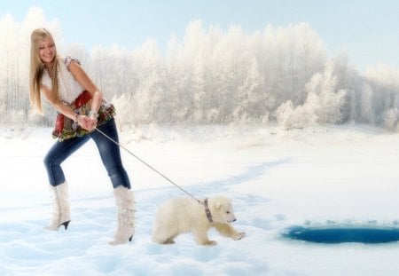 polar pet - snow, bear, girl, pet