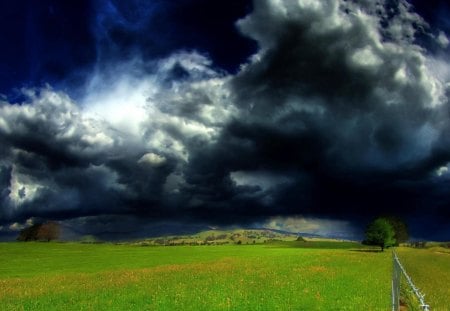 amazing stormy sky - sky, fields, storm, fence