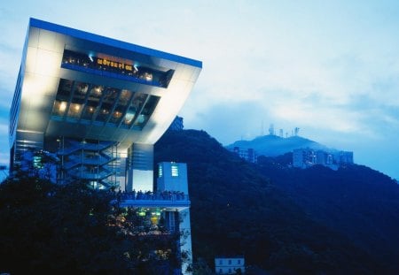 unique building in the hills over hong kong - forest, modern, building, hills, fog