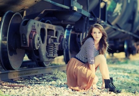 girl near the railway - girls, railway, near, grass