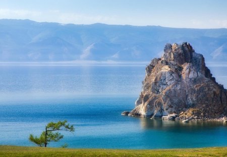 magnificent lake baikal - sapling, rock, lake, mountains