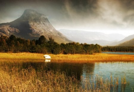 outstanding nature - lake, clouds, boat, mountain, grass