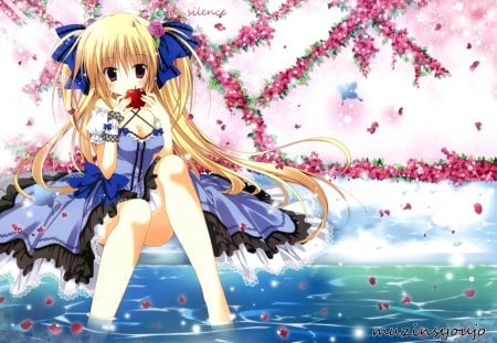 Korie Riko - Cute, Female, Dress, Lake, Kawaii, Anime, Ribbon, Girl, Pond, Korie Riko, Water, Bow, Flower