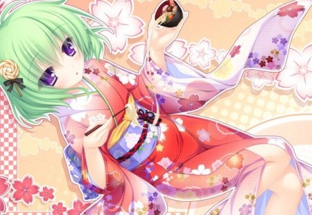 Kagami Hibiki - cherry blossom, anime, kimono, flowers, short hair, kagami hibiki