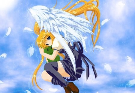 ~Flying~ - clouds, anime, air, wings, flying, feathers, sky, misuzu