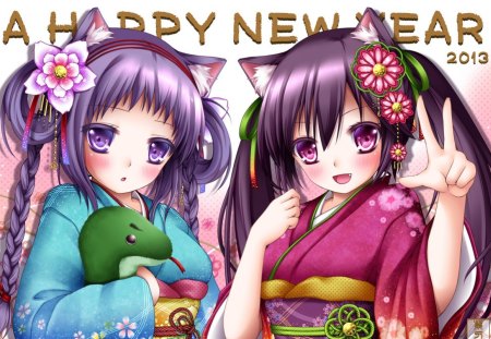 Anime - flowers, neko, newyear, kimono, Anime