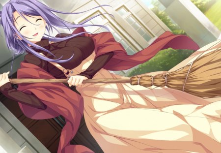 Time For Some Magic - witch, pretty, anime, girl, broom, purple hair