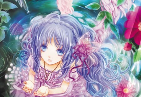 Magic Pond - pretty, anime, elegant, female, blossom, dress, long hair, sublime, gorgeous, blue hair, blue eyes, gown, anime girl, water, girl, sweet, flower, petals, fantasy, cute, floral