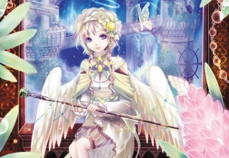 Angel - angel, magic, wings, anime girl, view, blonde hair, petals, feather, palace, building, scenic, agical, blue eyes, butterfly, floral, dress, female, wand, fantasy, castle, anime, house, short hair, cute, scene, girl, magical, rod, staff, gown, wing, blossom, scenery, blonde, flower