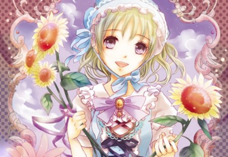 Sunflower - sunflower, female, brown eyes, anime girl, cloud, blonde hair, petals, anime, short hair, cute, girl, gown, floral, blossom, sweet, flower, dress, blonde