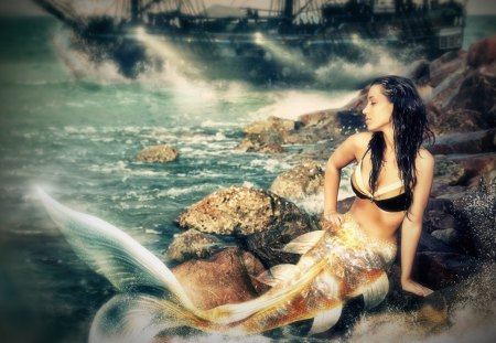 Mermaid - mermaid, woman, model, waves, sea