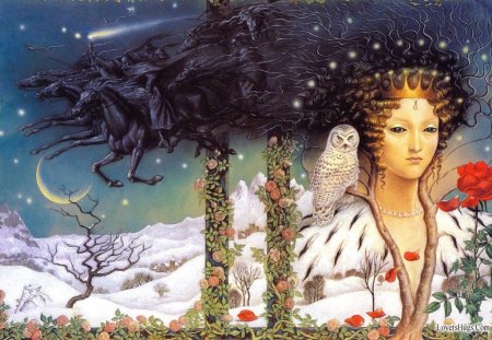 â˜…Goddess of Winterâ˜… - animals, colorful, crown, elegant, goddess of winter, horses, amazing, cool, owl, lady, oil paintings, imagination, goddess, nature, snow, beautiful, seasons, woman, greatest, trees, female, mountains, wonderful, fantasy, gorgeous, pretty, paintings, cute, moon, love, stars, girl, feathers, winter, lovely, splendor, flowers, colors, awesome, lights