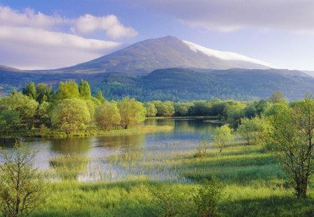 River in the Mountain - sky, mountain, trees, day, daylight, water, nature, reflection, river, clouds, weed, grass