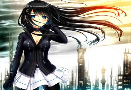 Kazu Haruka - Cute, Sweet, Sunset, Black Hair, Black Shirt, Blue Eyes, Anime, City, Big Breasts, Kazu Haruka, Girl, Original, Long Hair, Wind, Sexy, White Skirt