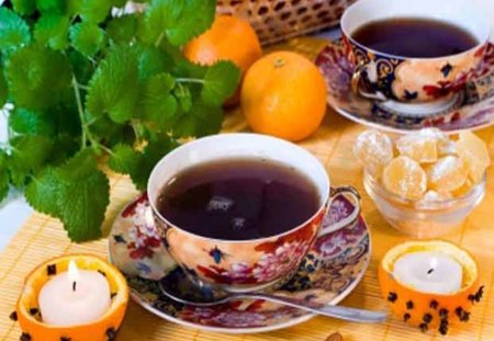 Good Morning - cups, table, candles, sweets, tea, orange, sugar