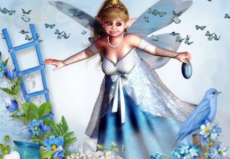 Fairy Queen in Blue - bird, blue, queen, fairy, elve