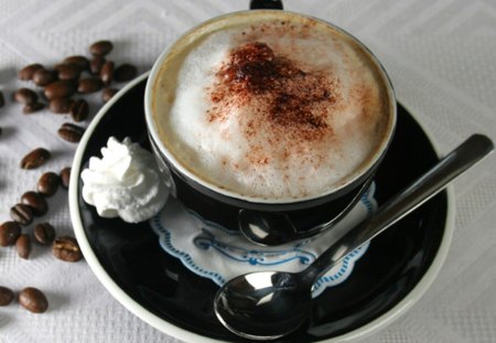 Good Morning - spoon, coffee, cream, cute, coffee beans, cup