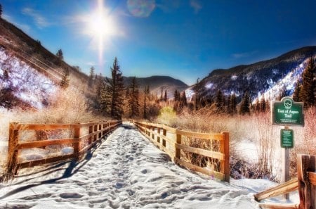 End of Aspen Trail, Indiana, USA - sky, mountains, winter, fence, landscape, trees, sun, snow