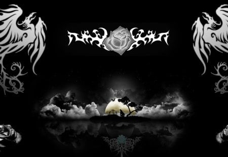 Dark Night - dragon, moon, tribal, rose