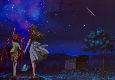 ~Minagi & Michiru~ - anime, air, Minagi, beautiful, night, stars, Michiru, sisters, shooting star, friends, sky