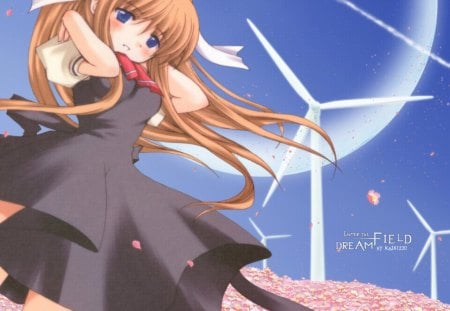 ~Enter The Dream Field~ - flowers, pretty, moon, anime, field, Air, Misuzu, windmills