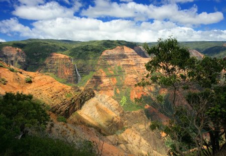 grand canyon of the pacific waimea canyon - nature, canyon, falls, canyons, clouds, tree