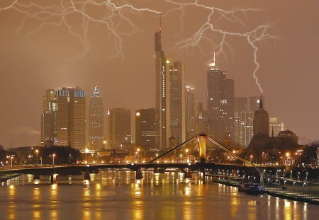 Lightning Storm in Frankfurt Germany - druffix, frankfurt, weather, dark, thunder, indonesia, germany, frankfurt germany, lightnings, night, skyscrapers, nature, forces of nature, skyline, city, lightning, europe