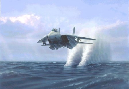 F-14 Tomcat - tomcat, sea, splash, blue