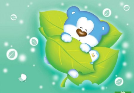 Blue Bear Flight - lfloating leaves, teddy bear, bird, flying