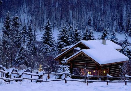 Snowy Cottage - log cottage, forest, snow, winter, fencing