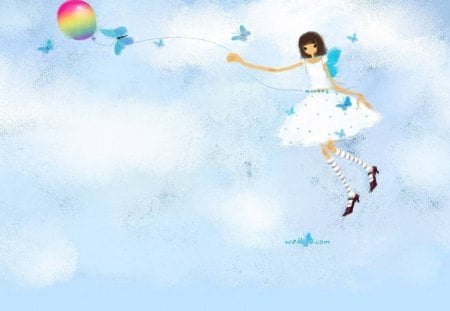 Balloon Fun - sky, butterflies, lady, clouds, balloon, fun