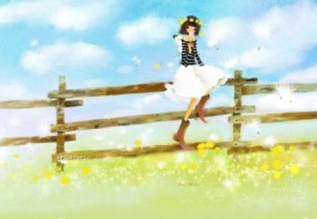 Smell A Flower - flowers, clouds, lady, field, pasture, fence