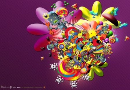 Colourful Togetherness - creatures, flowers, robots, rainbow swirls