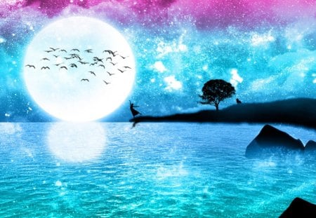 Blue Lake - abstract, fantasy full moon, lady, birds flying, island, blue lake