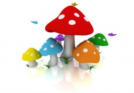 mushrooms! - mushrooms, lovely, white, abstract, yellow, red, blue, 3d, orange, green, cute