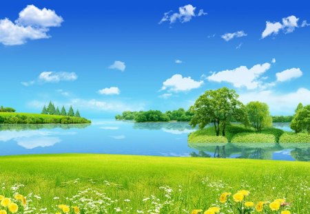 Fairyland - flowers, lake, trees, bluesky