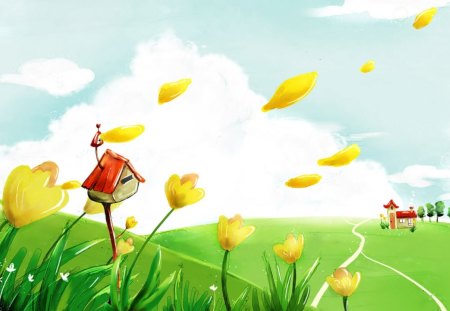 Flower Petals - petals floating, breeze, flowers, house, grass