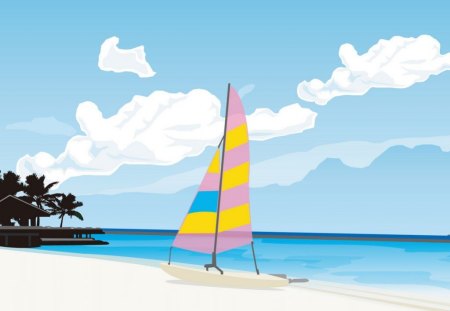 Ready To Sail - beach, sail boat, house, ocean